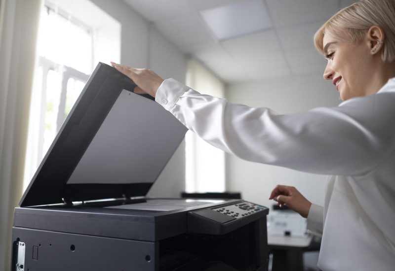 woman-using-printer-while-working-office